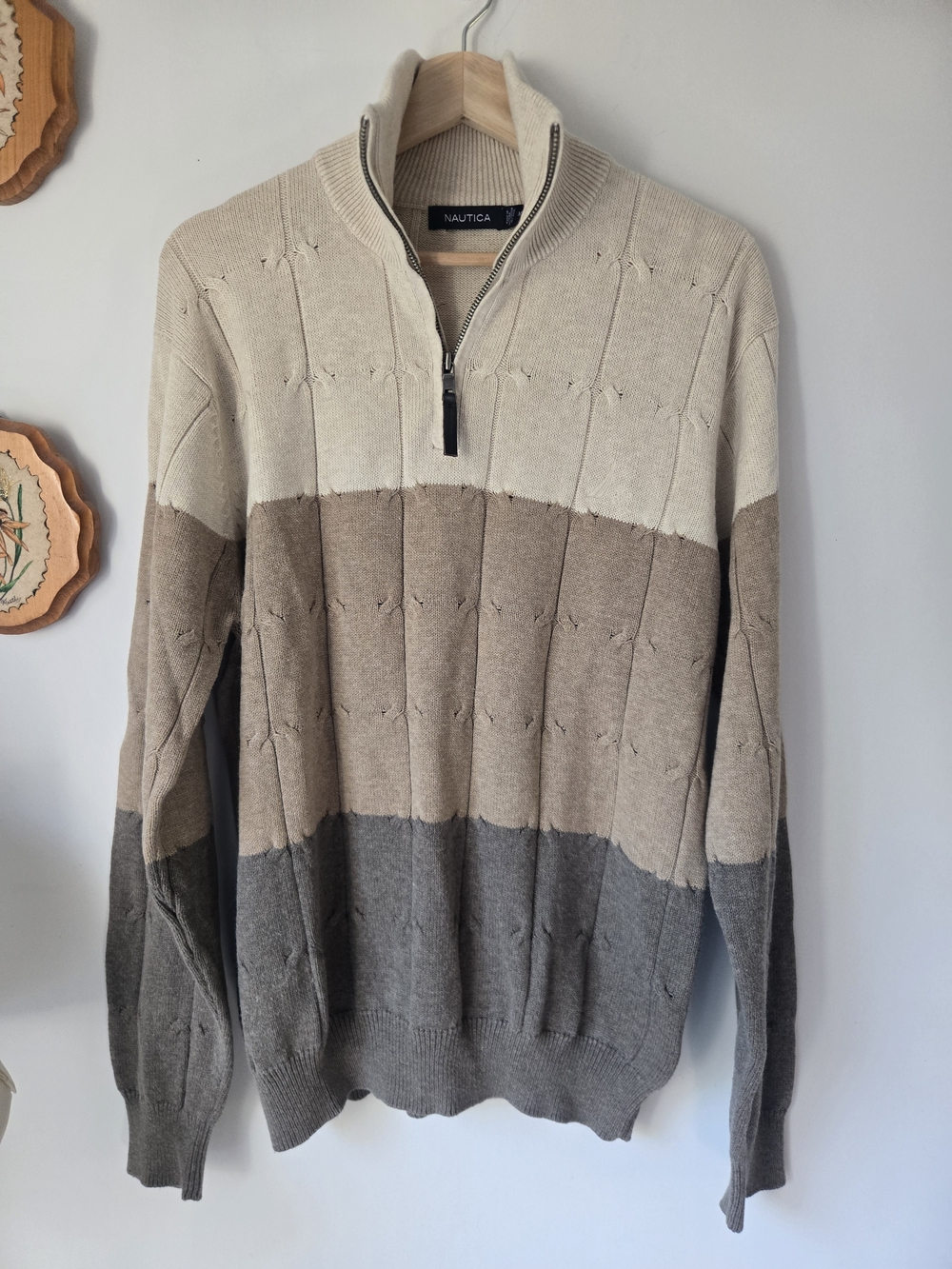 Nautica Men’s Tri-Block Zip Sweater in Cream, Tan, and Gray